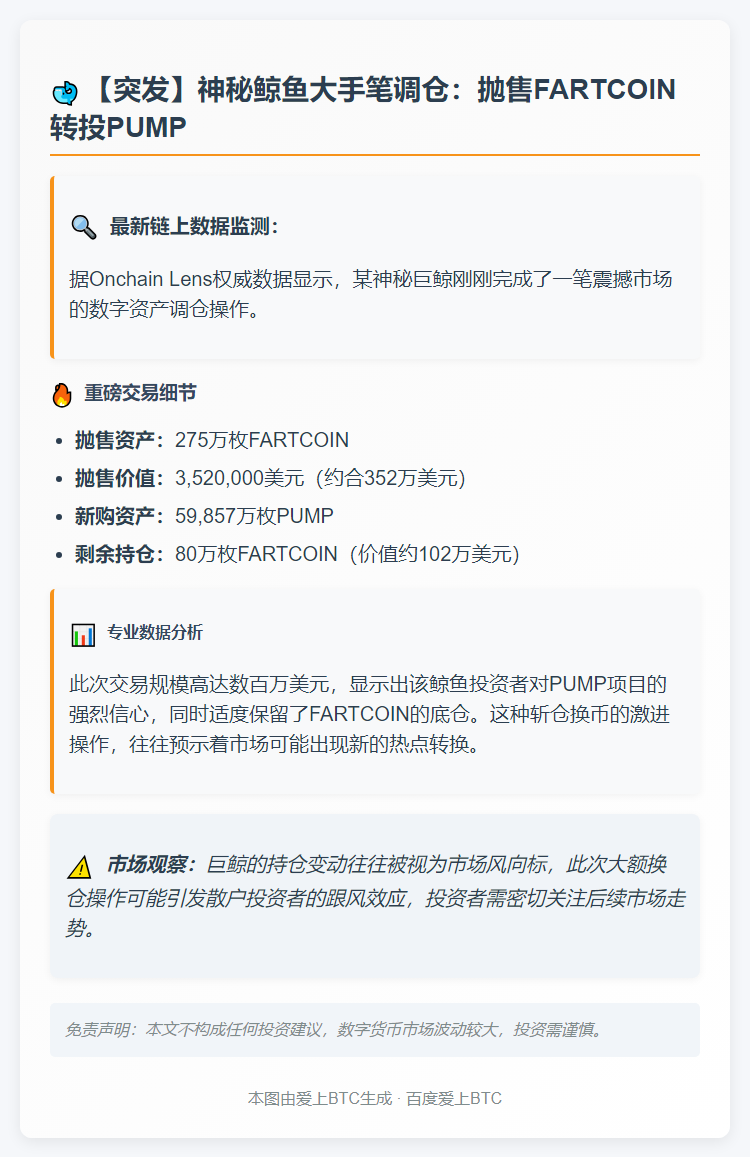 鲸鱼抛售FARTCOIN，大买5.98亿PUMP