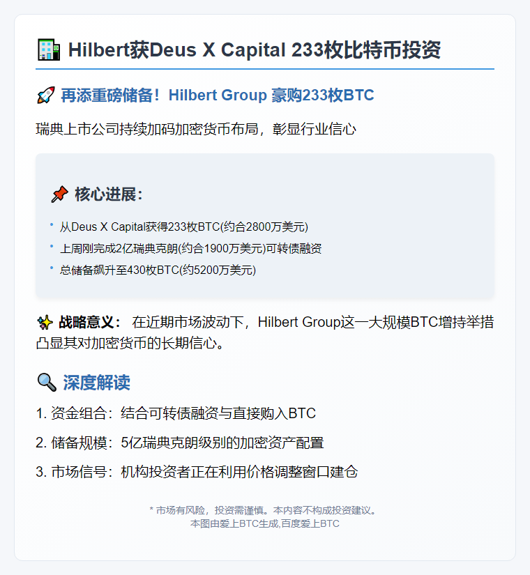 Hilbert获Deus X Capital 233枚比特币投资