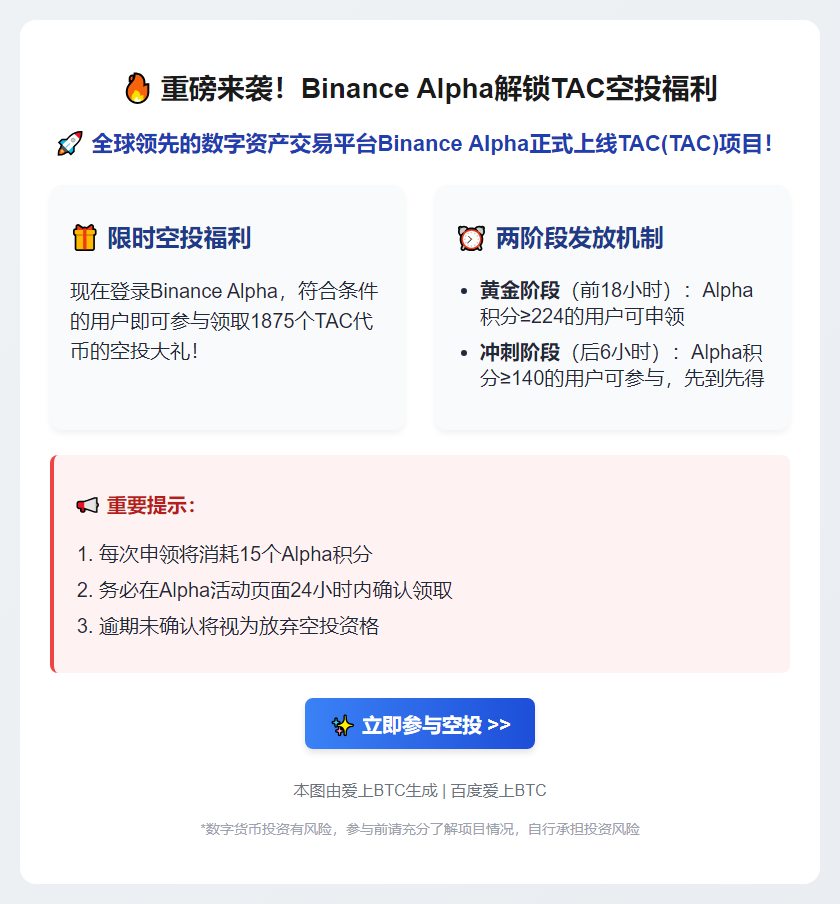 Binance Alpha首发TAC空投，224积分可领