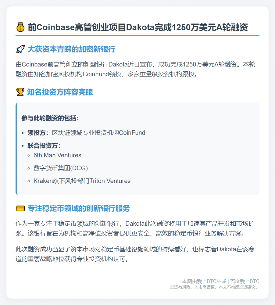 稳定币银行Dakota获1250万美元A轮融资