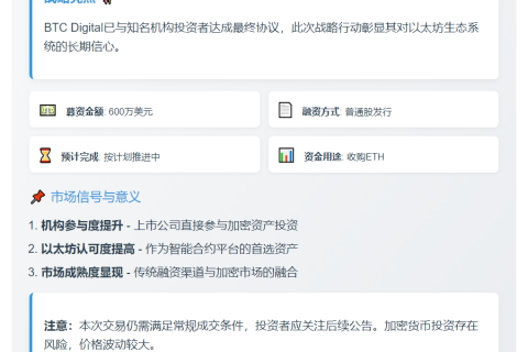 BTC Digital 拟募资600万美元购ETH