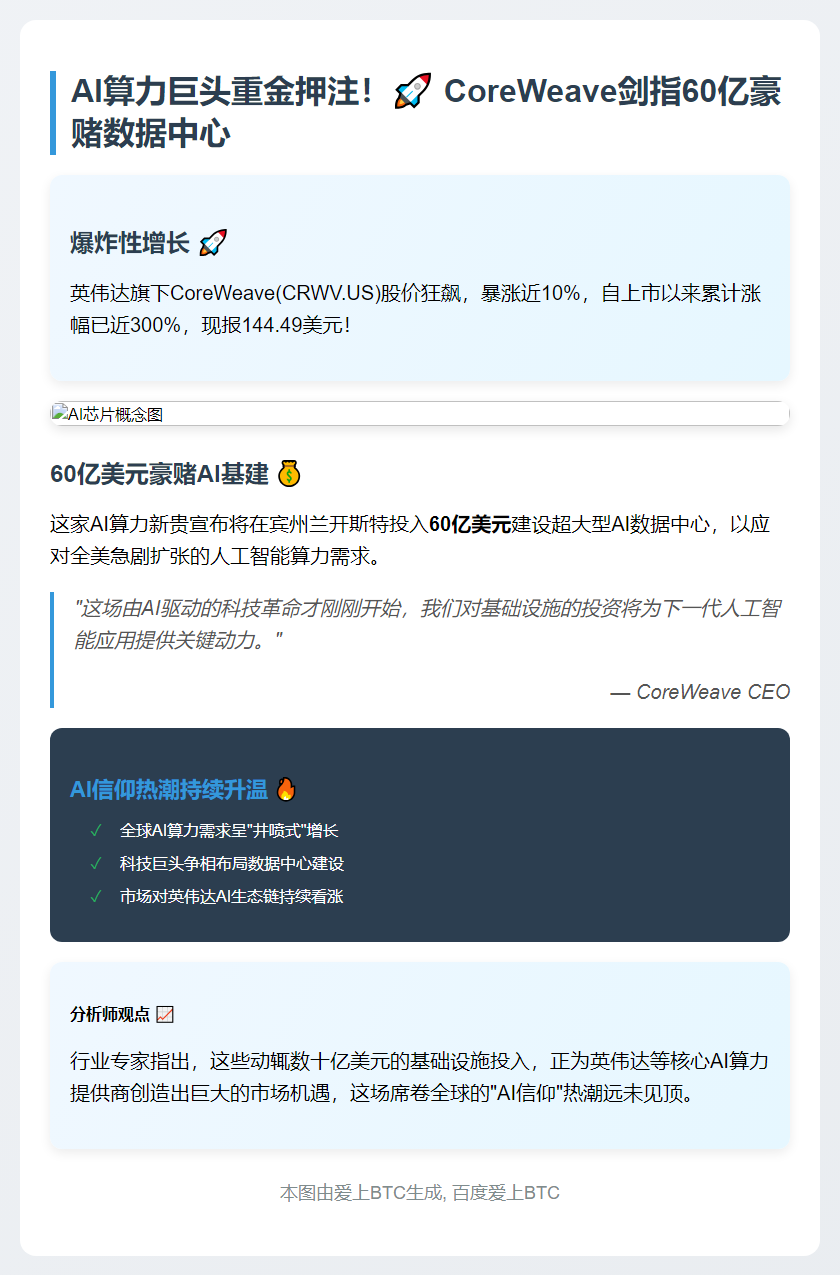 CoreWeave斥60亿美元加码数据中心 股价涨近10%