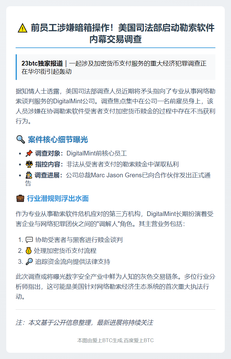美司法部调查勒索谈判公司疑涉黑客分成