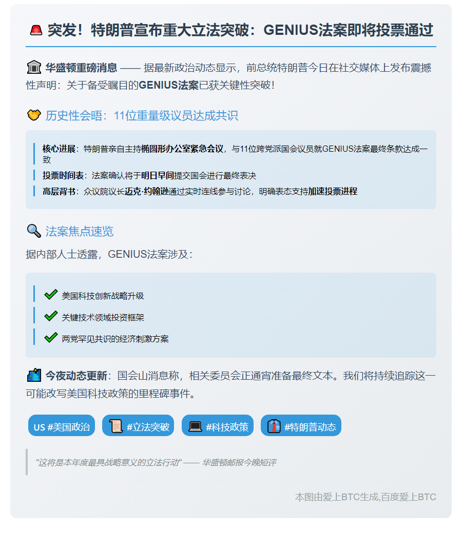 特朗普：国会明早一致通过GENIUS法案