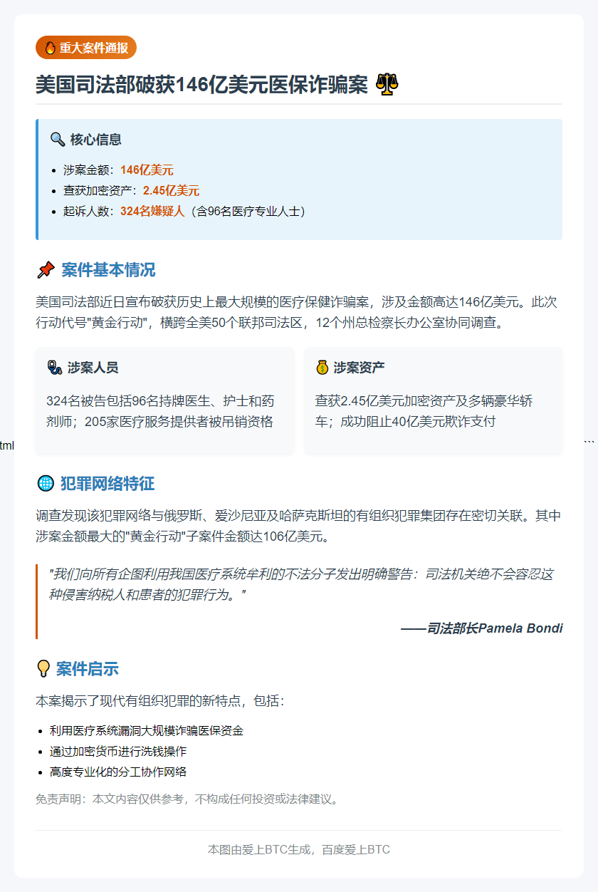 美破获146亿美元医保欺诈案涉2.45亿加密货币