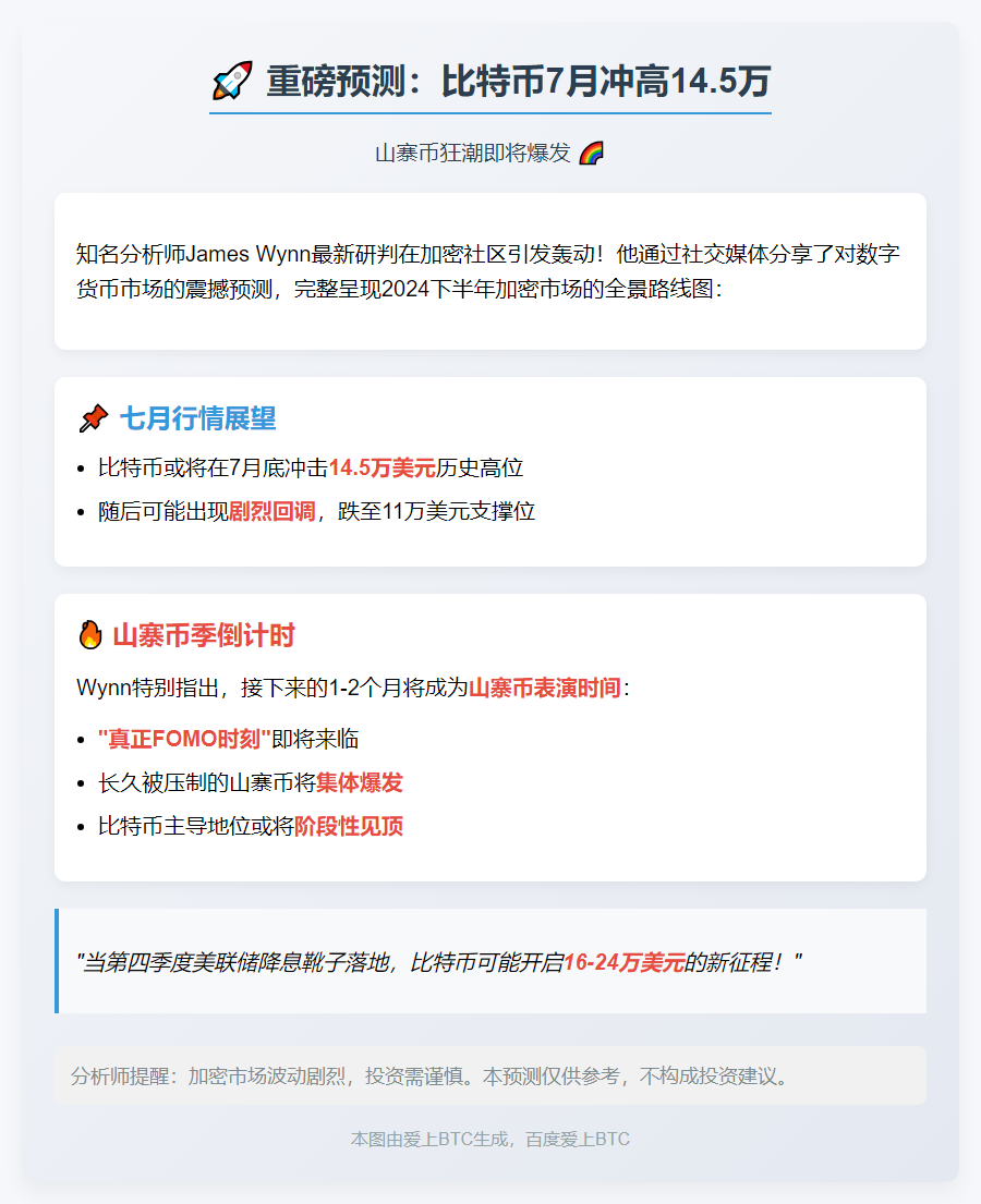 比特币7月底或冲14.5万，山寨币牛市来袭