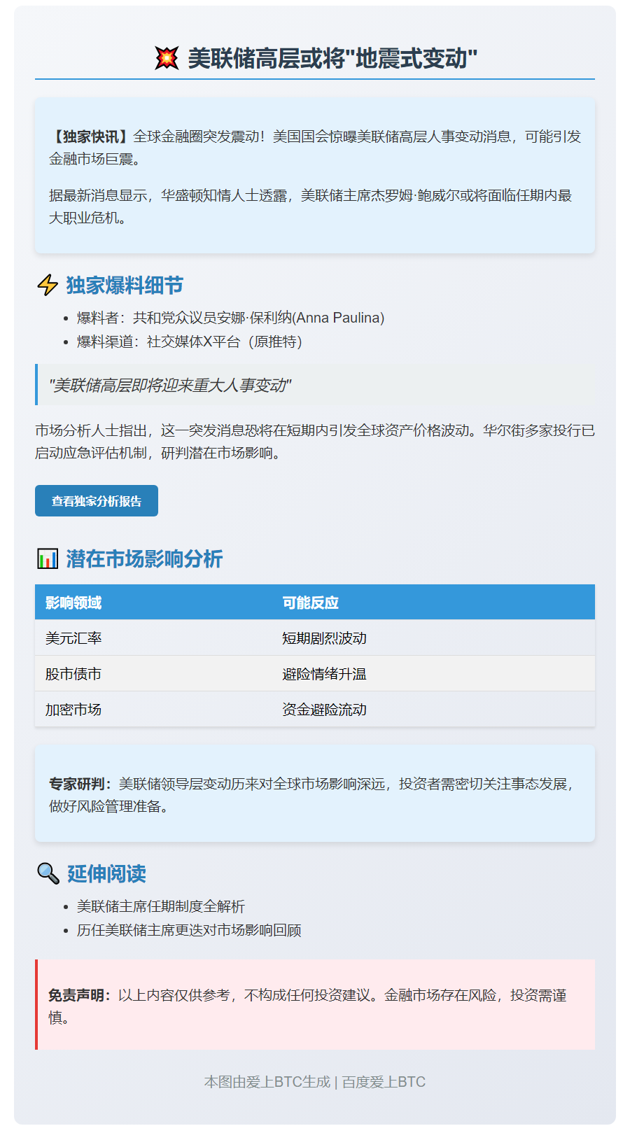 鲍威尔或将被解雇 议员爆料