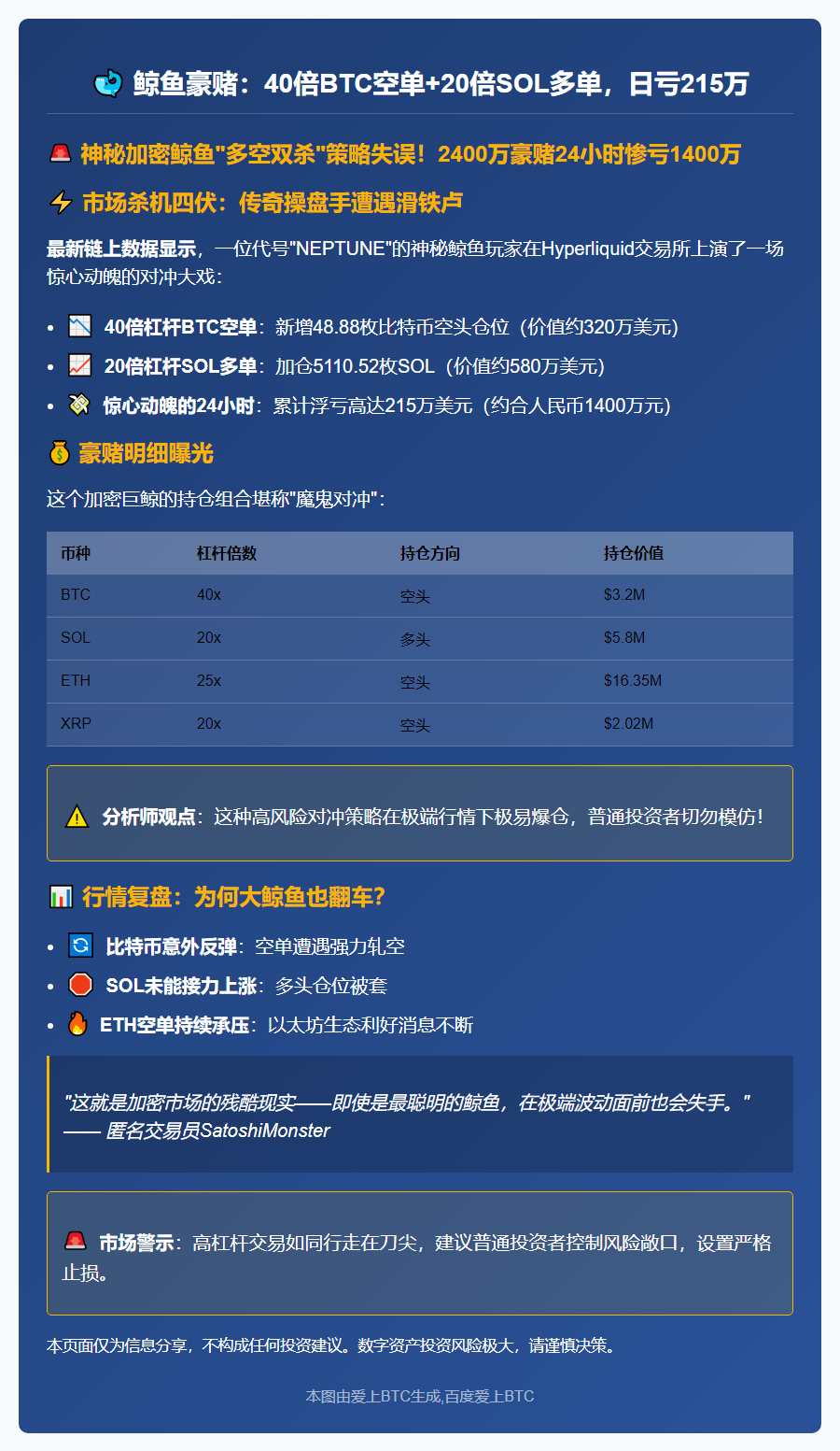 鲸鱼豪赌：40倍BTC空单+20倍SOL多单，日亏215万