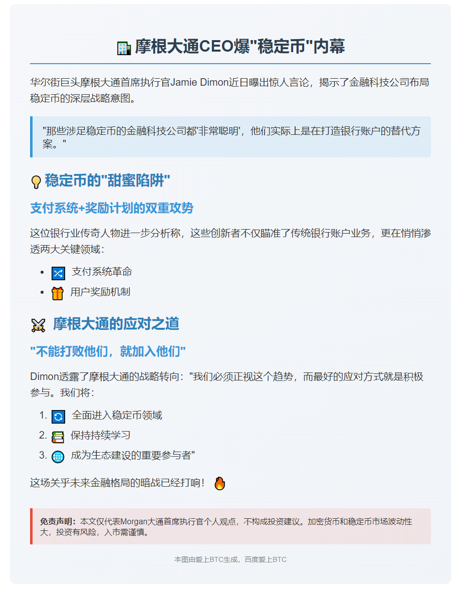 摩根大通CEO称稳定币欲取代银行账户