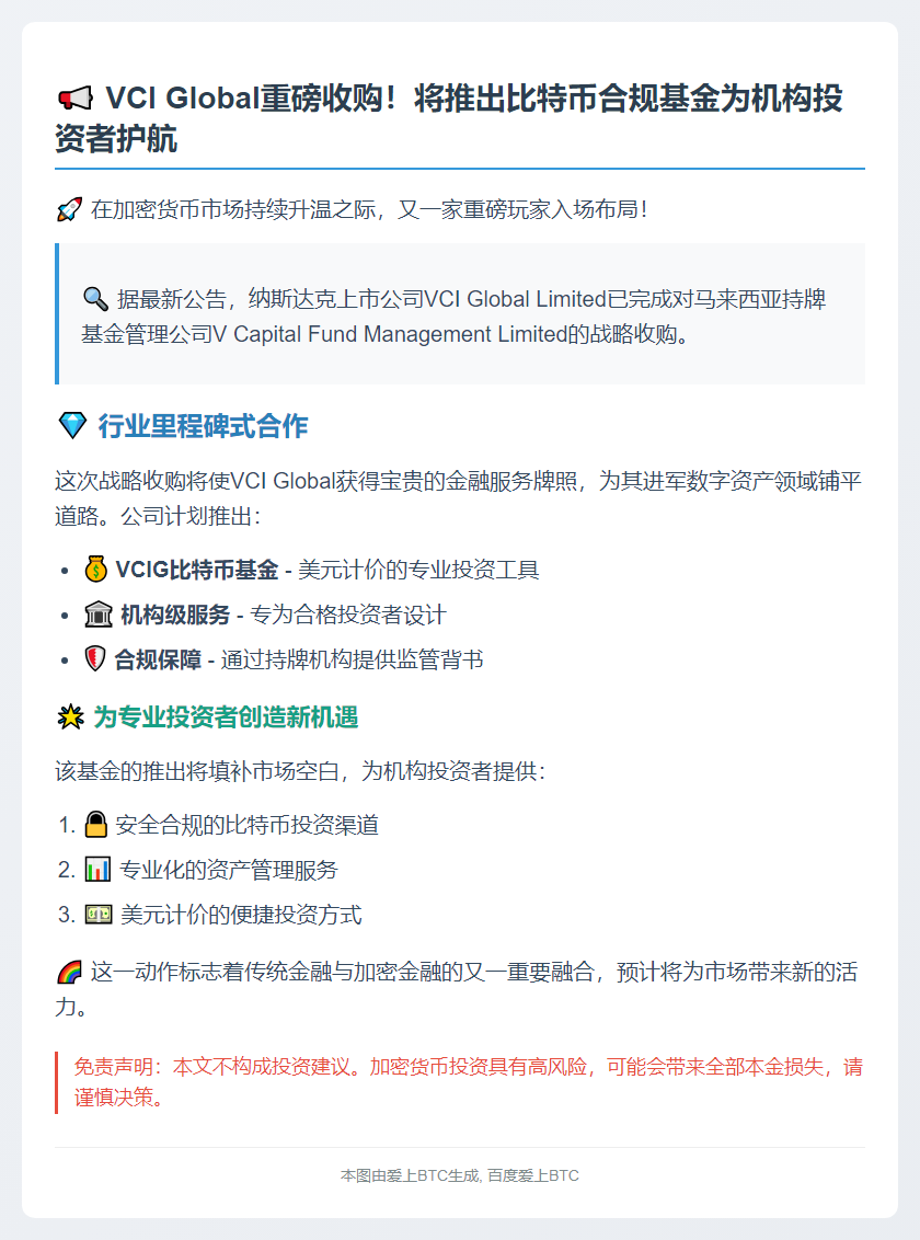 VCI Global收购V Capital拟推比特币基金