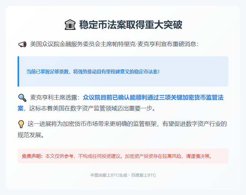 众议院金融服务委主席：稳定币法案票数足够