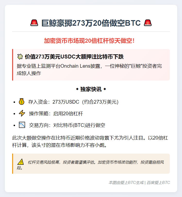 巨鲸豪掷273万20倍做空BTC