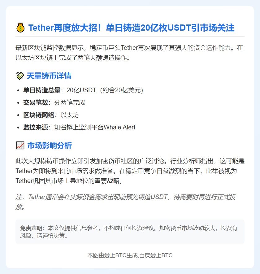 Tether增发20亿USDT