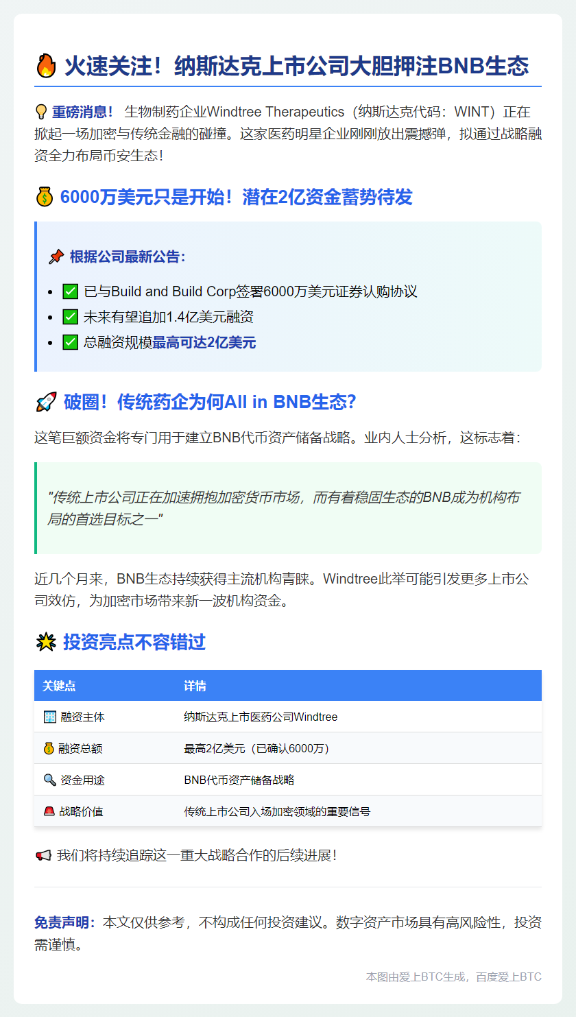 Windtree拟融资6000万美元建BNB财库