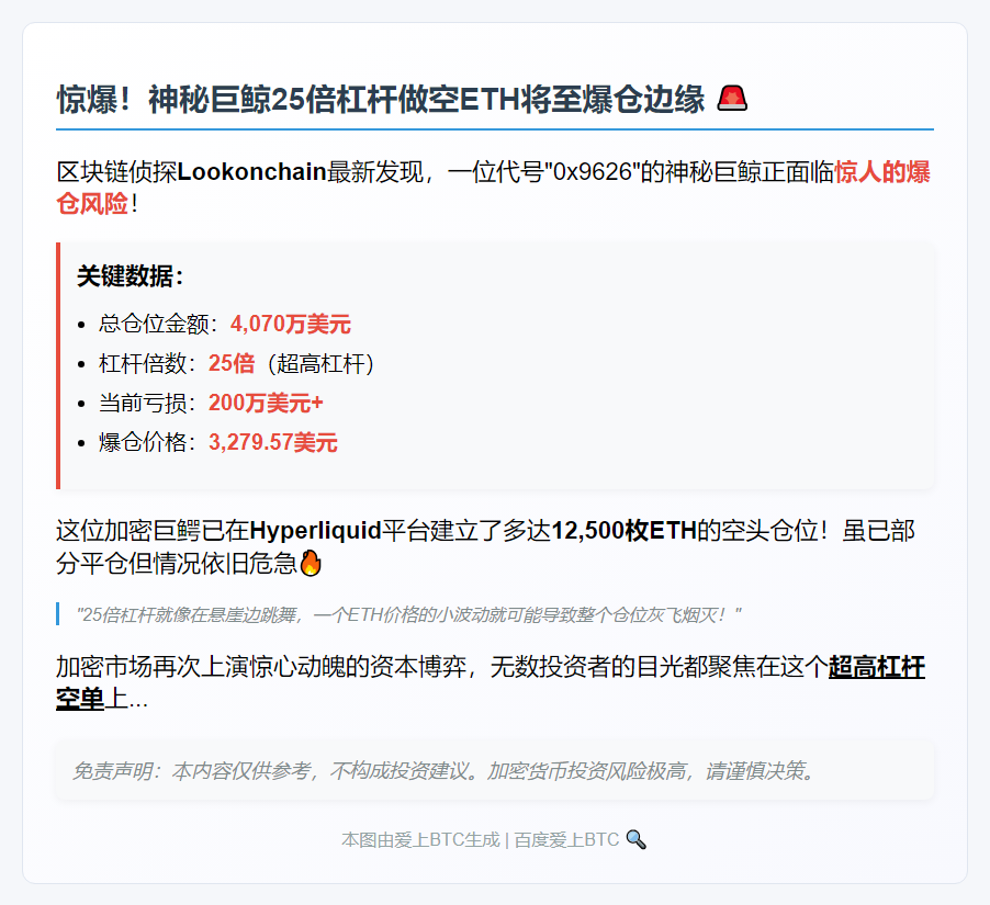 鲸鱼大额做空ETH濒临强平