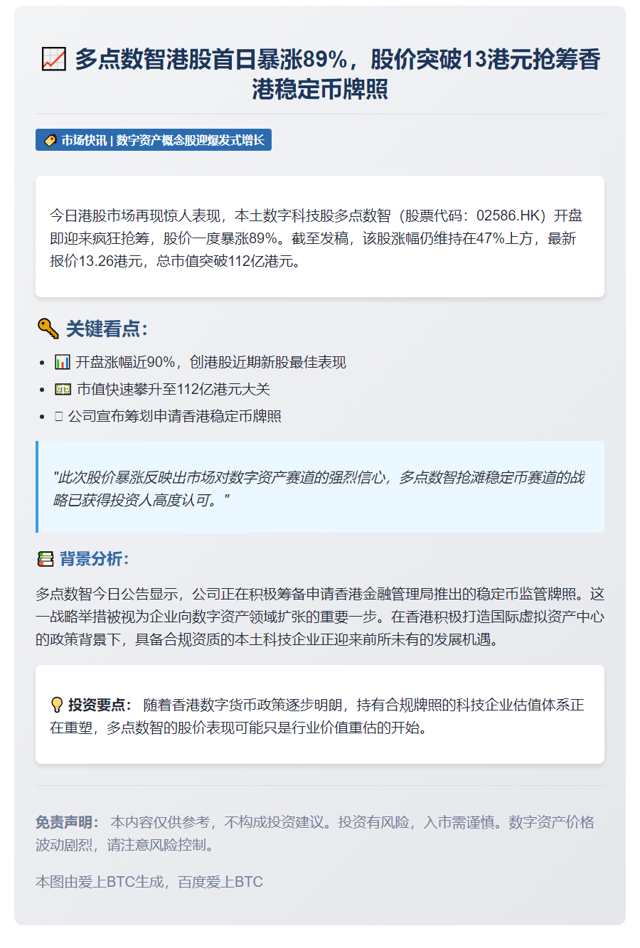 多点数智开盘飙涨89%，拟申香港稳定币牌照