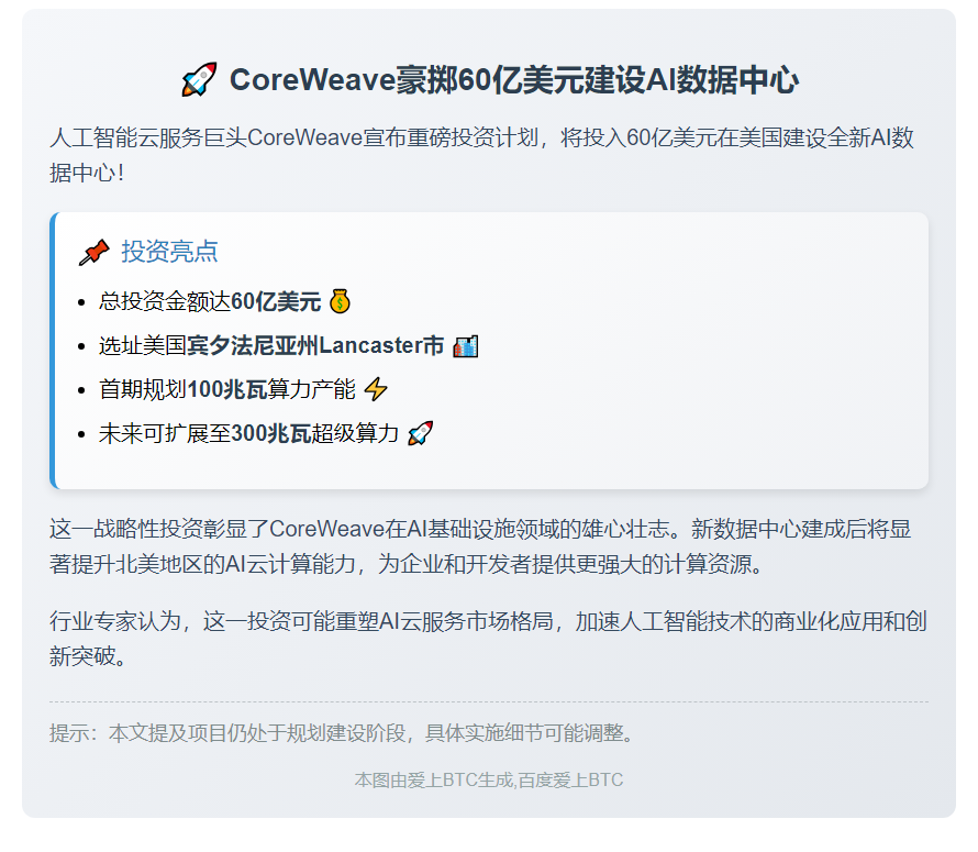 CoreWeave投资60亿美元建AI数据中心
