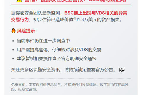 慢雾：BSC现VDS可疑活动 损失1.3万美元