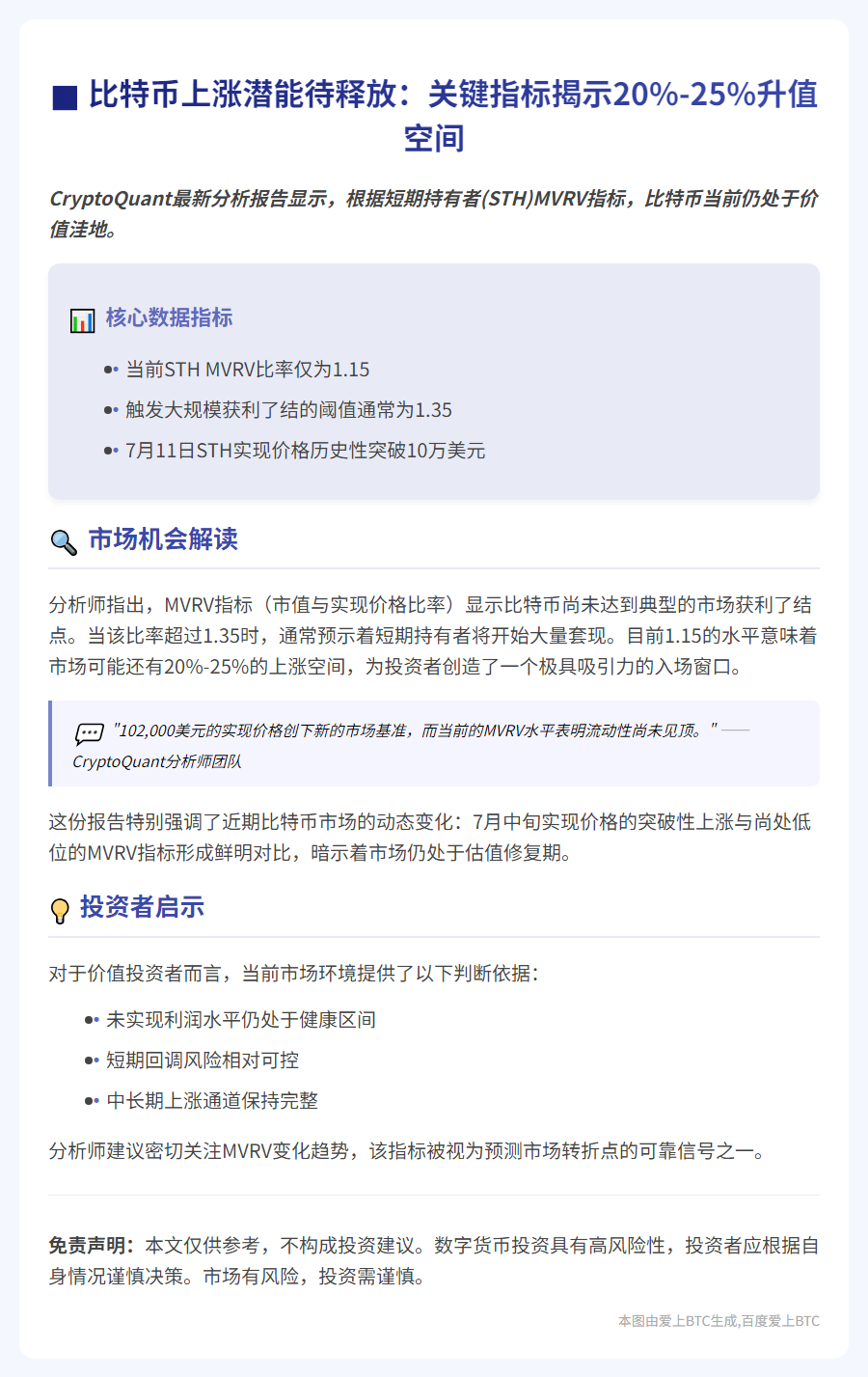 比特币短期MVRV示仍有上行空间