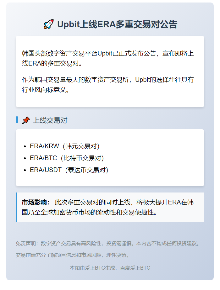 Upbit上线ERA交易对：韩元、BTC、USDT