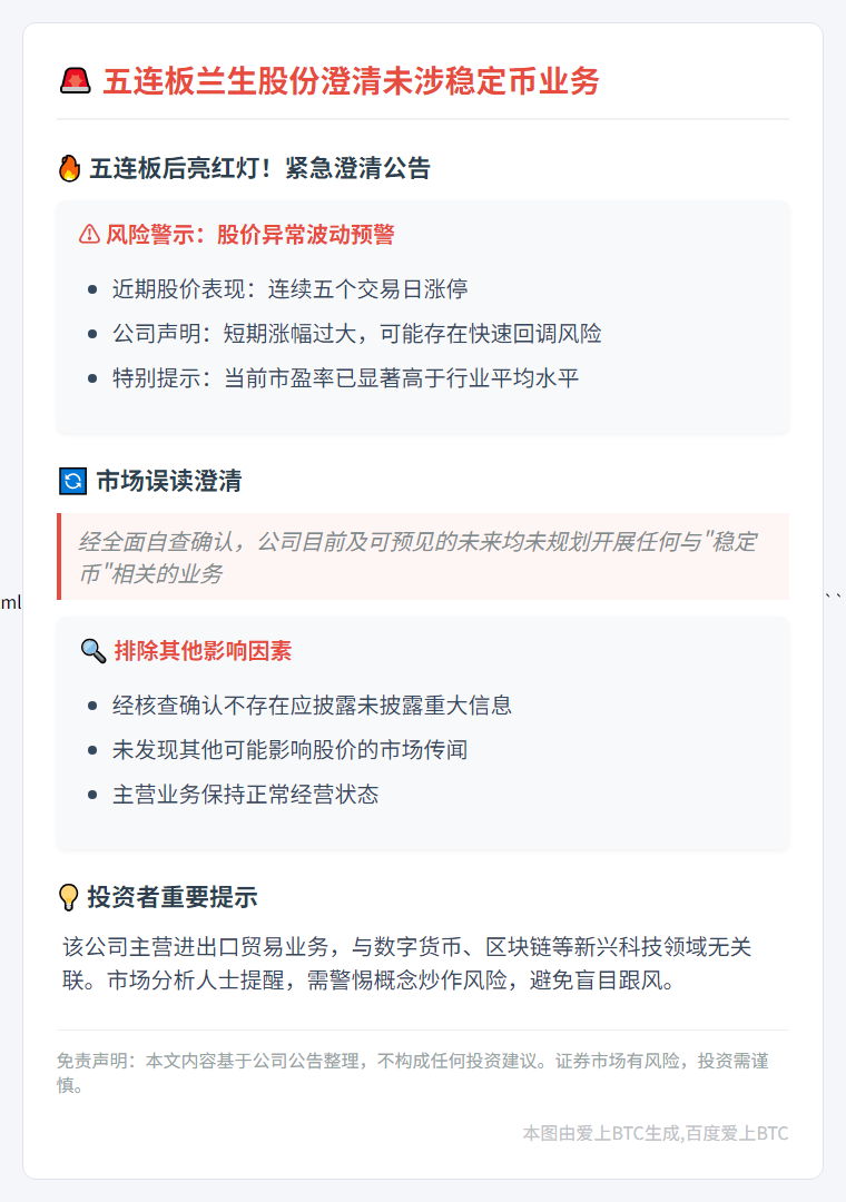 5连板兰生股份澄清未涉稳定币业务