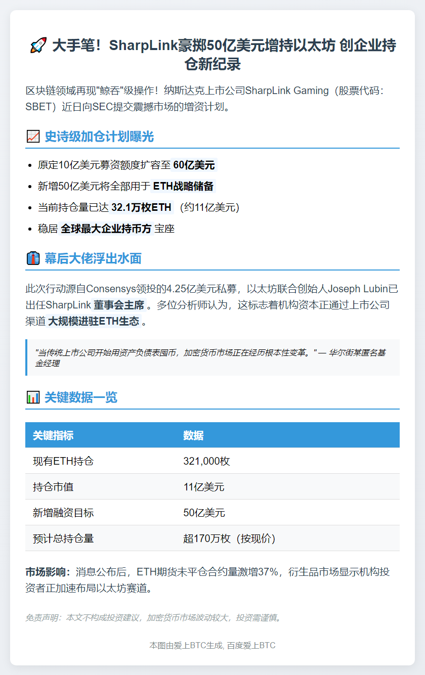 "SharpLink拟售股50亿美元增持以太坊"
