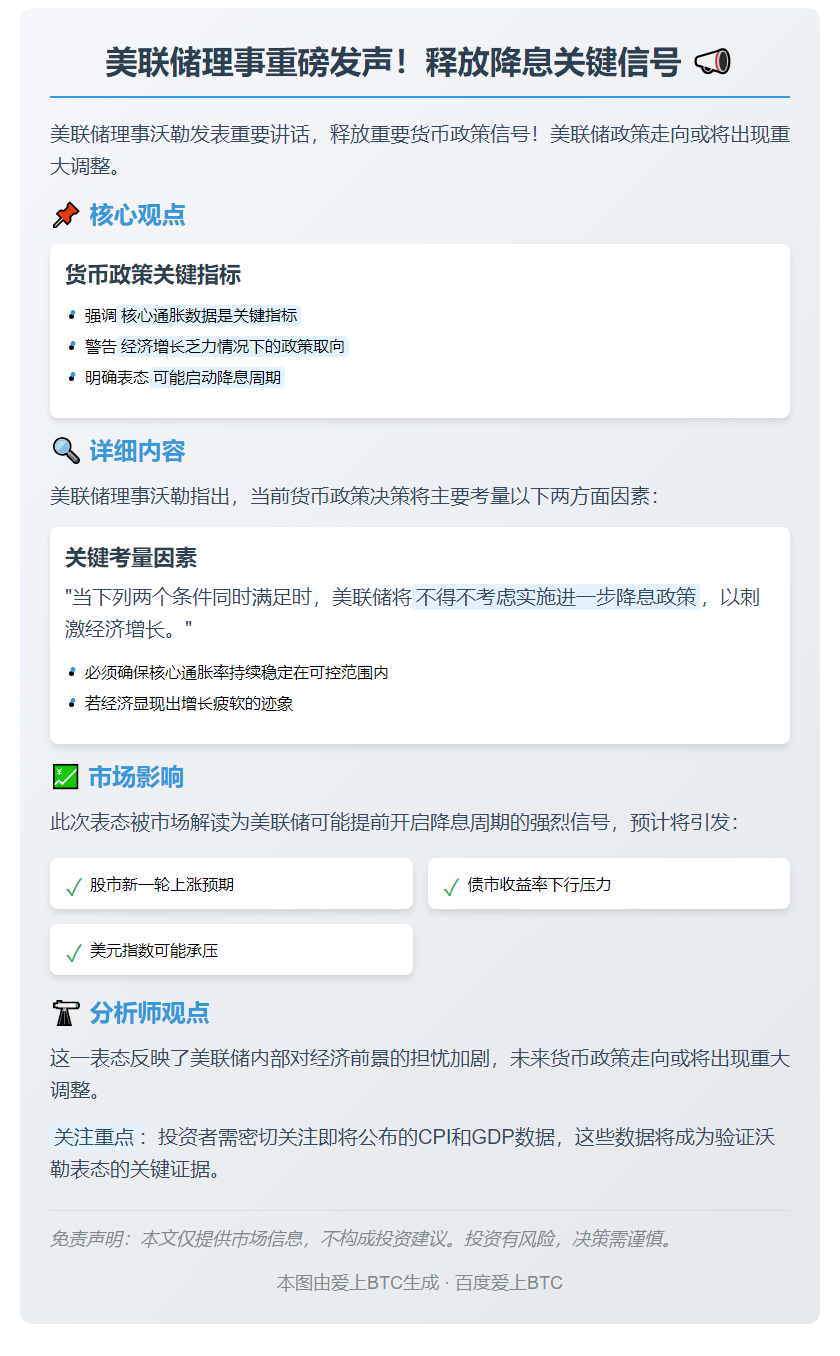 美联储沃勒：通胀受控或需降息