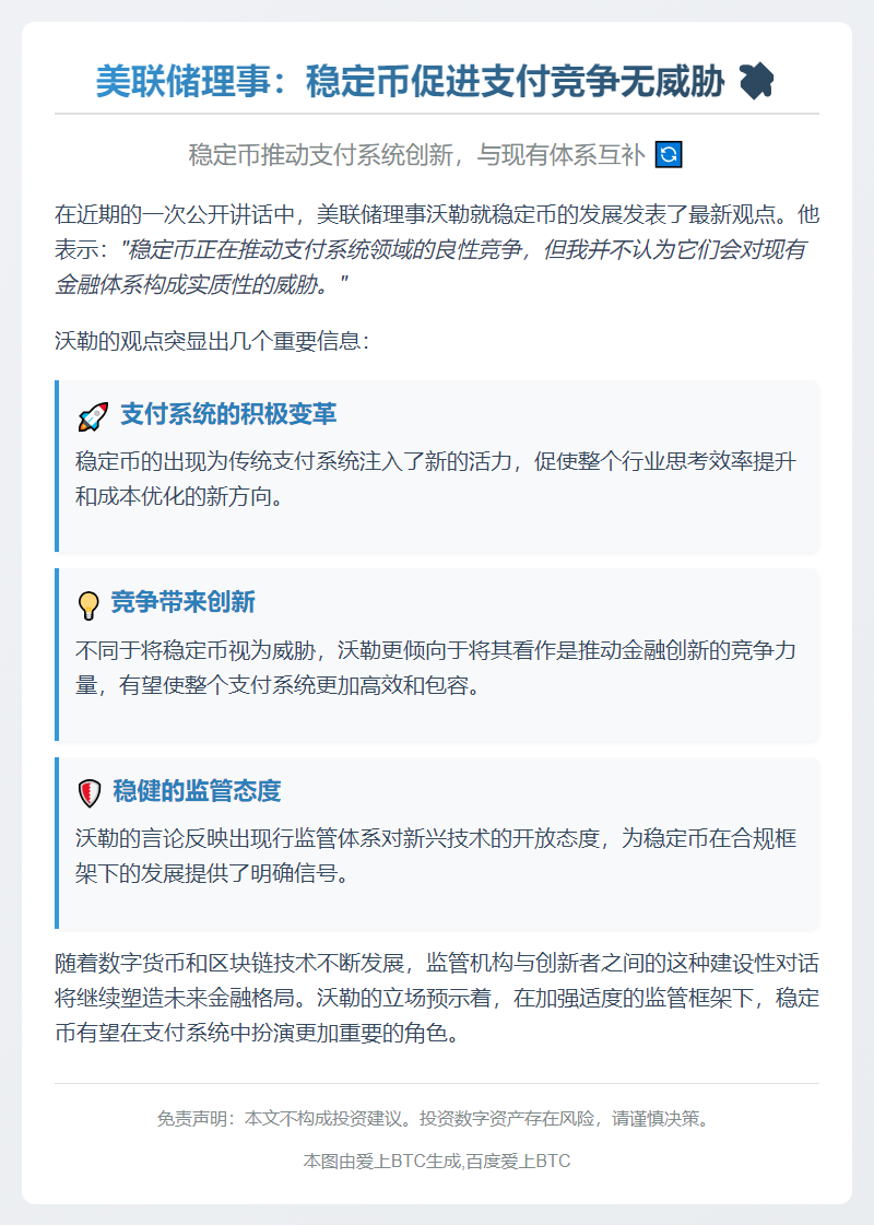 美联储理事：稳定币促进支付竞争无威胁