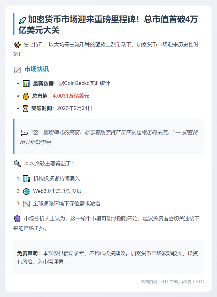 加密市值破4万亿美元