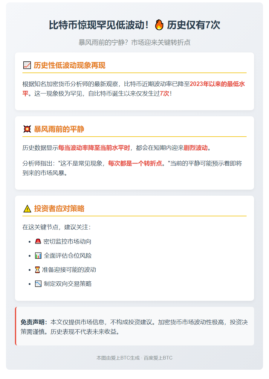 比特币波动率跌至2023年新低，史上仅7次