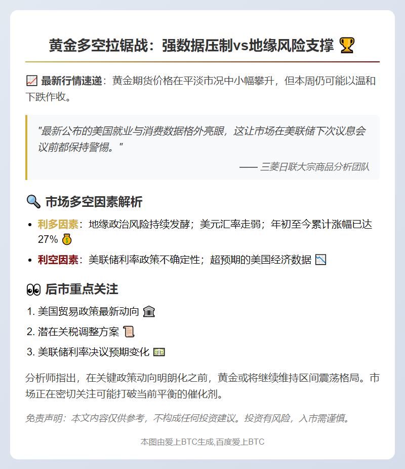 三菱日联：美国经济强劲压低黄金 等待市场明朗