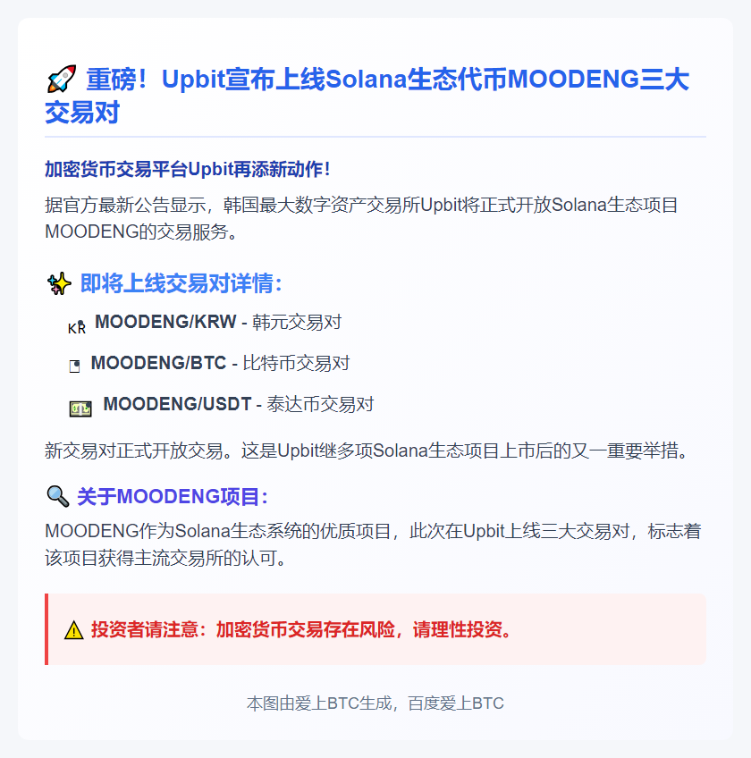 "Upbit新增MOODENG韩元、BTC、USDT交易对"