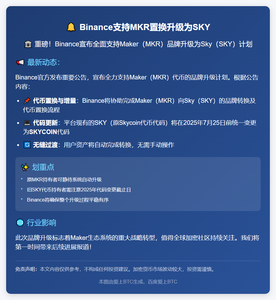 Binance支持MKR置换升级为SKY