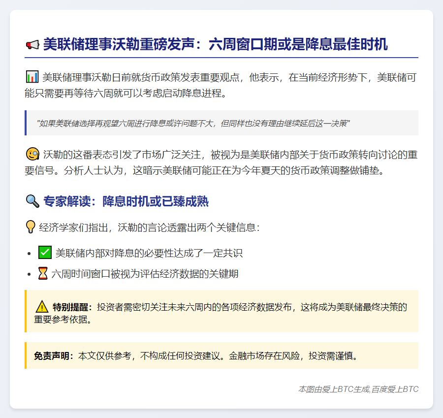 美联储沃勒：六周后降息更稳妥
