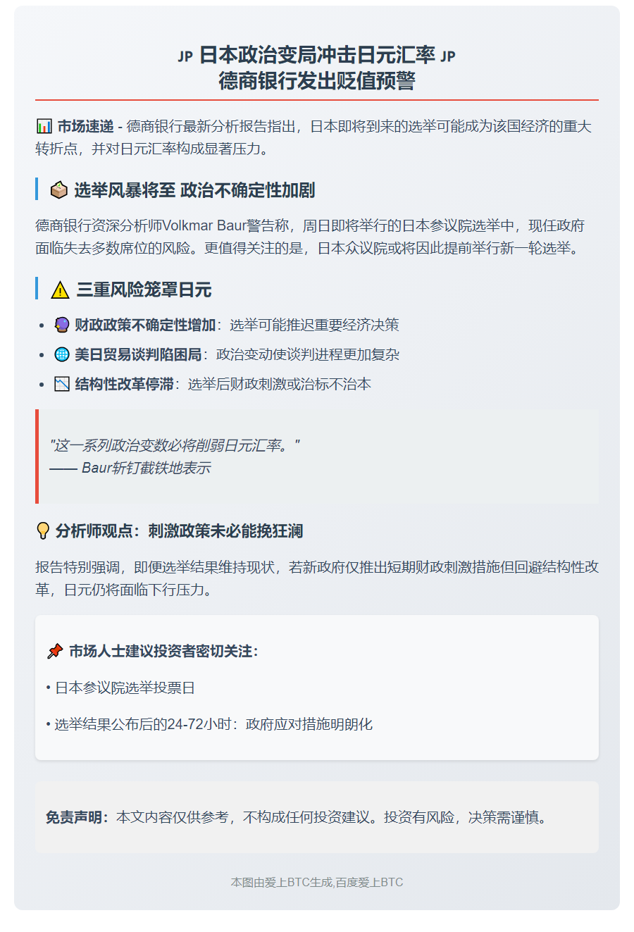 德商银行：日本选举或致日元贬值