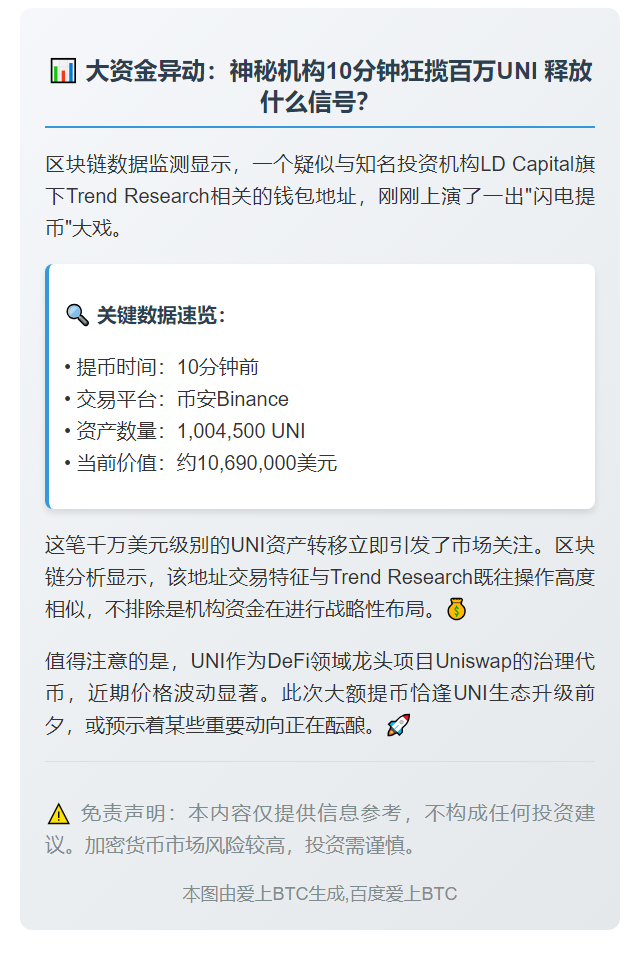大额转账：百万UNI转出CEX，价值超千万美元