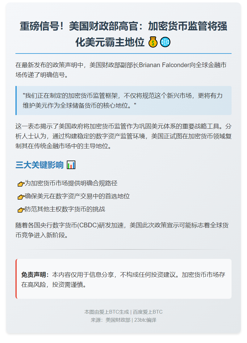 美财政部官员：加密新规强化美元主导地位
