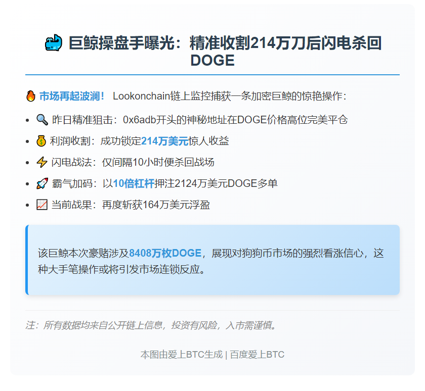 巨鲸昨日平DOGE多单赚214万，今再开仓