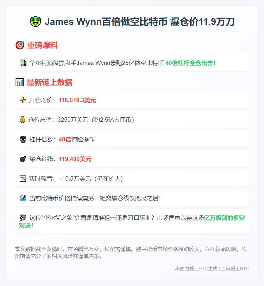 James Wynn百倍做空比特币 爆仓价11.9万刀