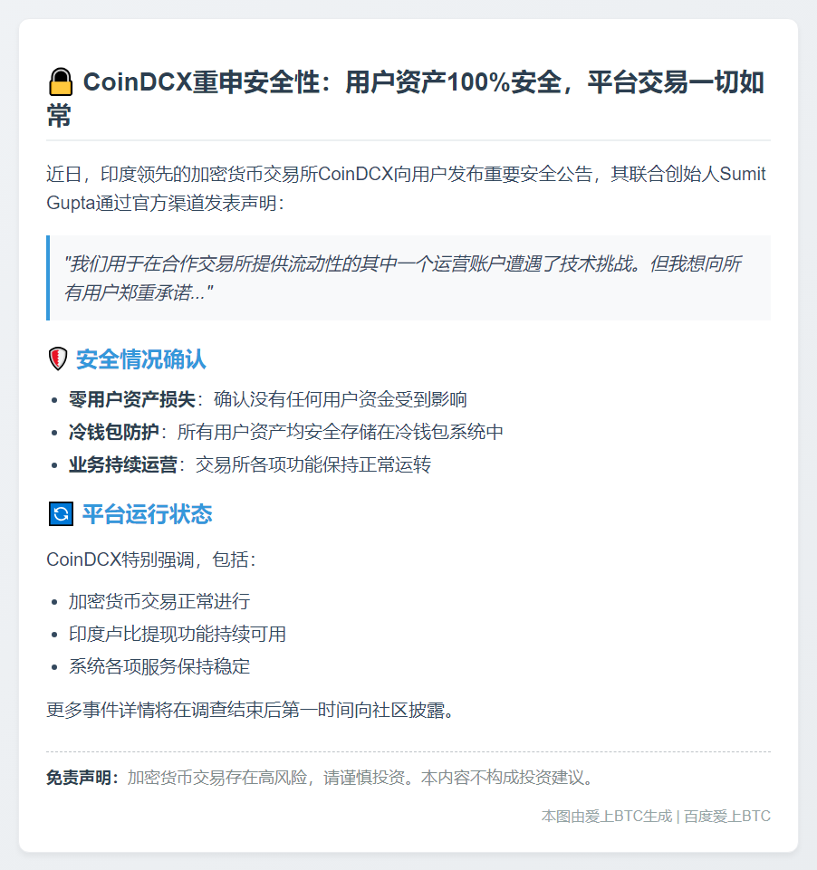 CoinDCX：用户资产安全，交易正常