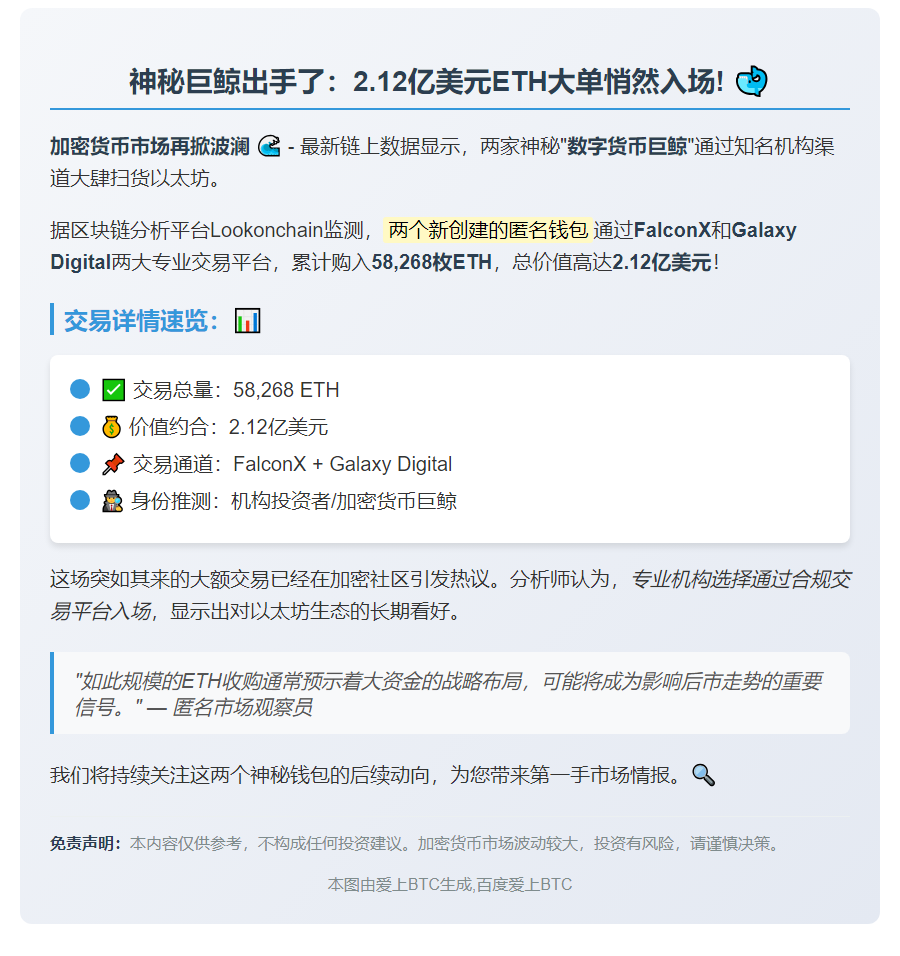 "两新钱包购入2.12亿美元ETH"
