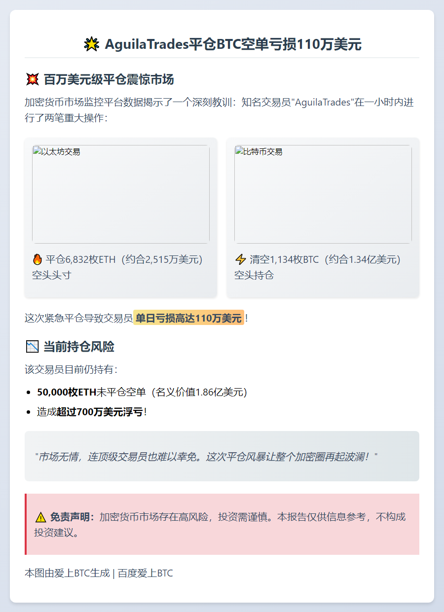 **AguilaTrades平仓BTC空单亏损110万美元**