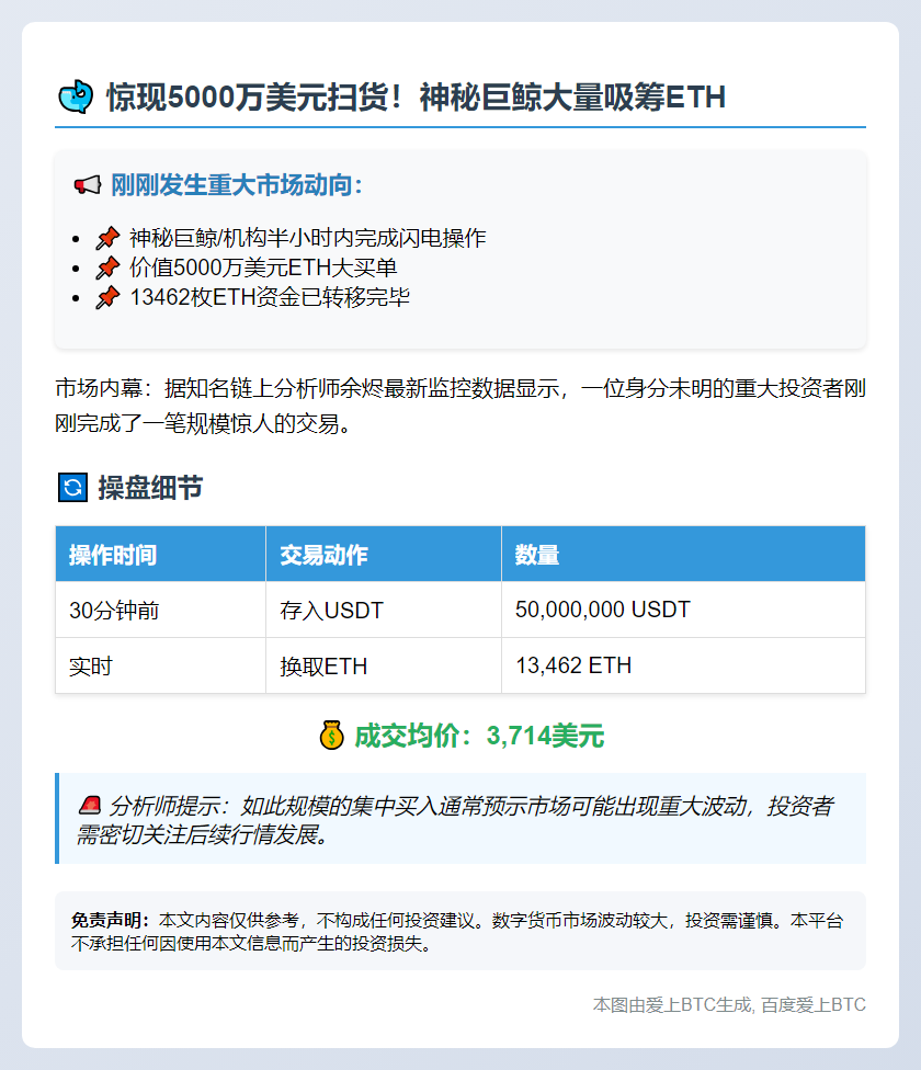 巨鲸半小时扫货1.3万ETH，均价3714美元