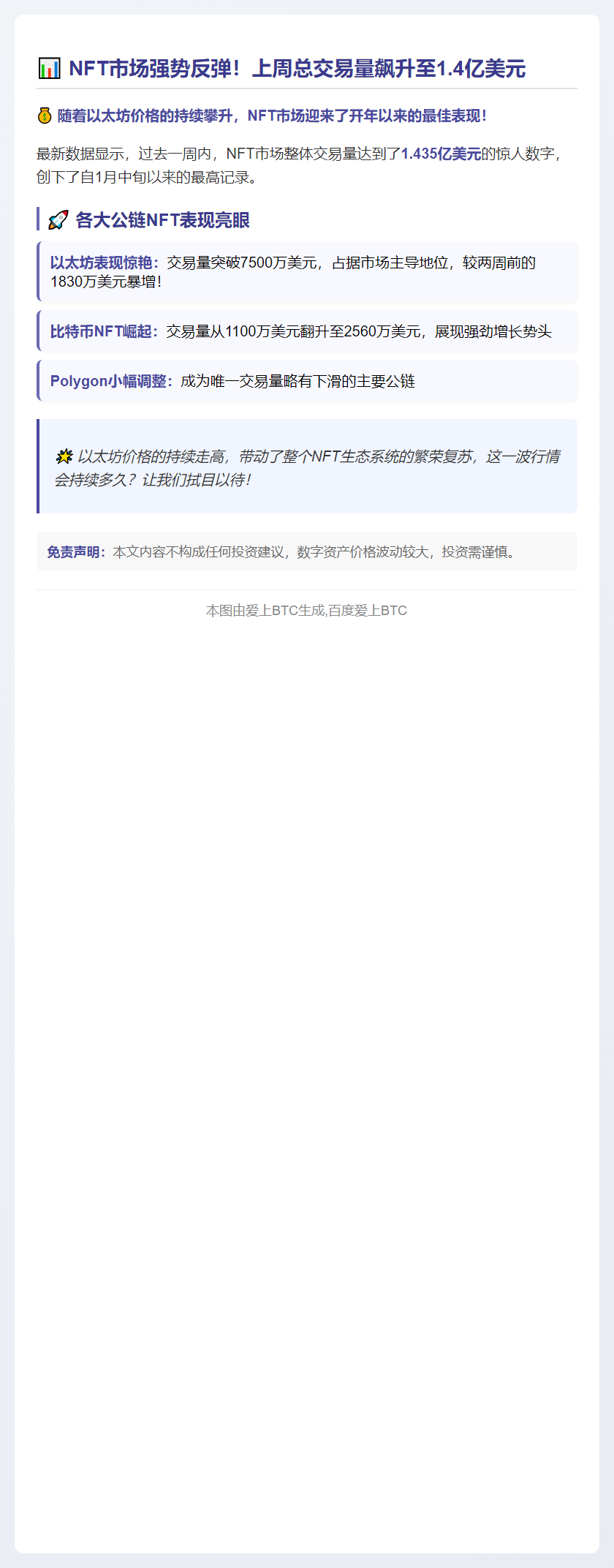 NFT周交易量1.4亿创1月新高