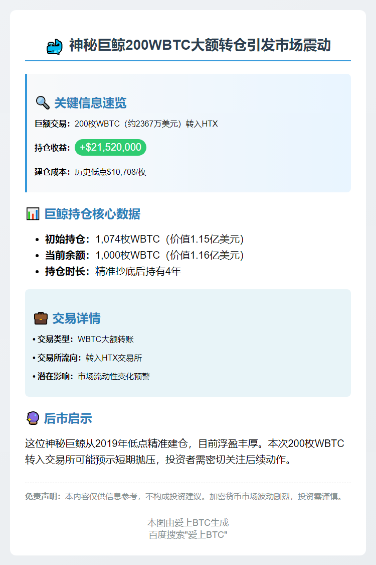 巨鲸转200WBTC至HTX 浮盈2152万