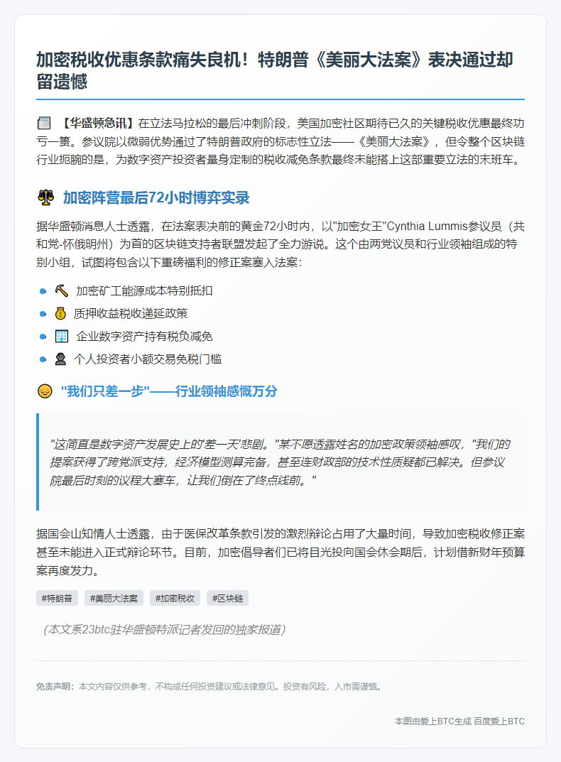 特朗普《美丽大法案》未纳入加密税收优惠