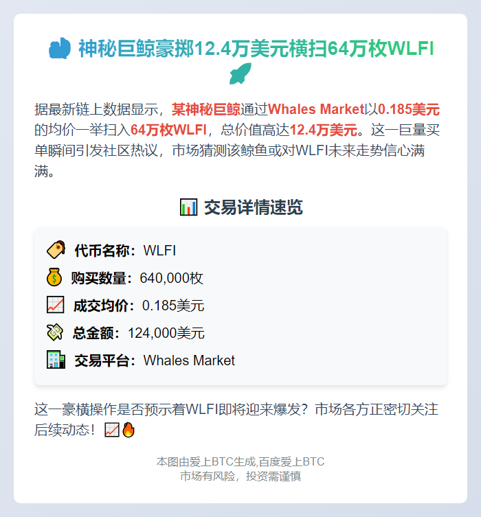 巨鲸12.4万美元扫货64万枚WLFI