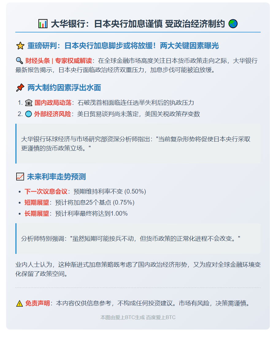 大华银行：日本央行加息谨慎 受政治经济制约