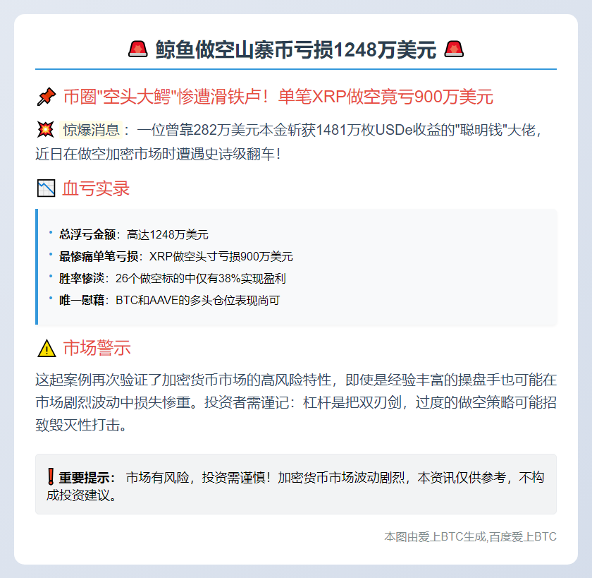 鲸鱼做空山寨币亏损1248万美元