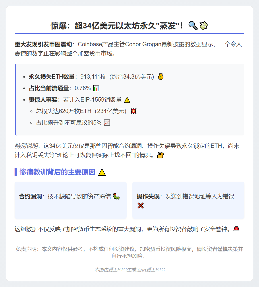 超34亿美元ETH永久丢失，占流通量0.76%